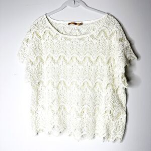 Belldini Top Women L White Cream Crochet Sheer Cap Slv Regency Boho Twee NWOT